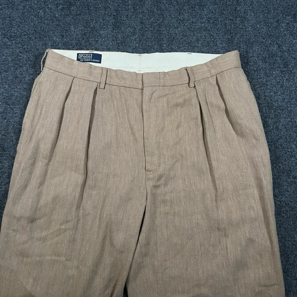 VTG Polo Ralph Lauren Trousers Mens 36x27 Pants Linen Pleated Herringbone Andrew